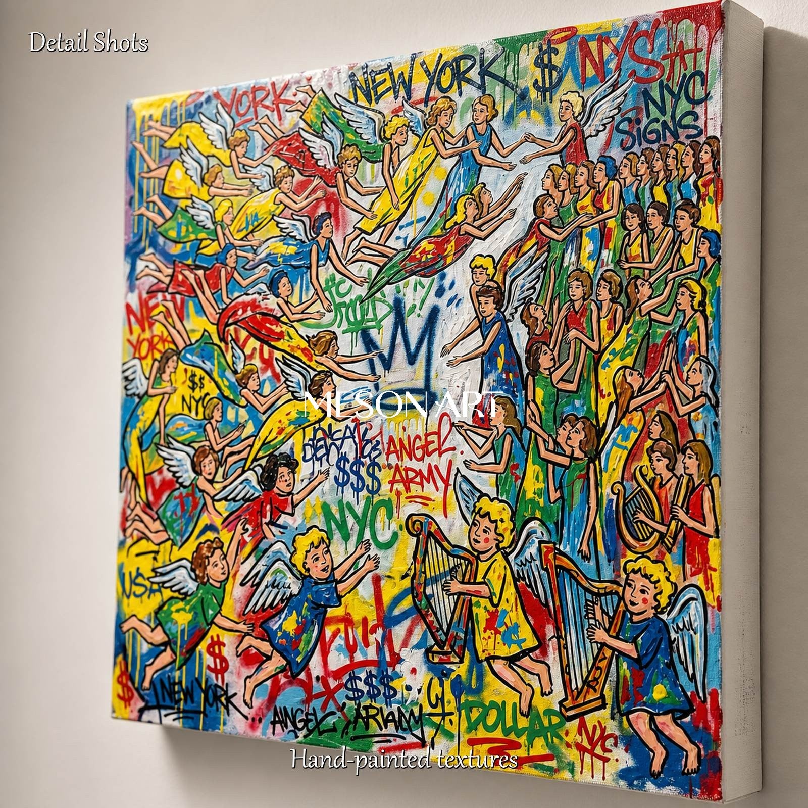 Yellow And Blue Graffiti Painting Banksy Style Square Wall Art For Living Room By Mesonart