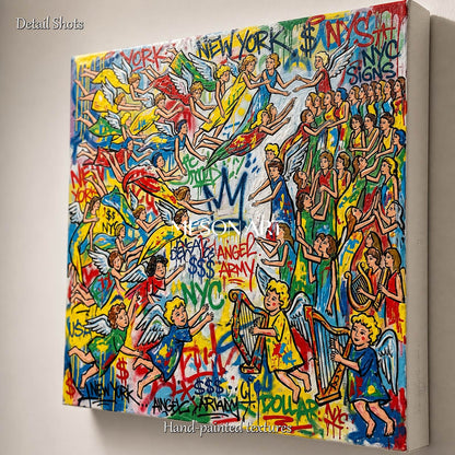 Yellow And Blue Graffiti Painting Banksy Style Square Wall Art For Living Room By Mesonart