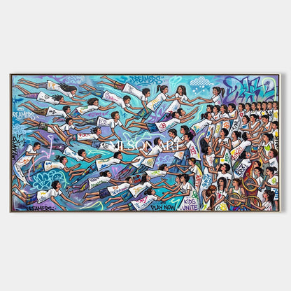 Blue And White Graffiti Art Panoramic Wall Decor Original Artist Hand Painted By Mesonart