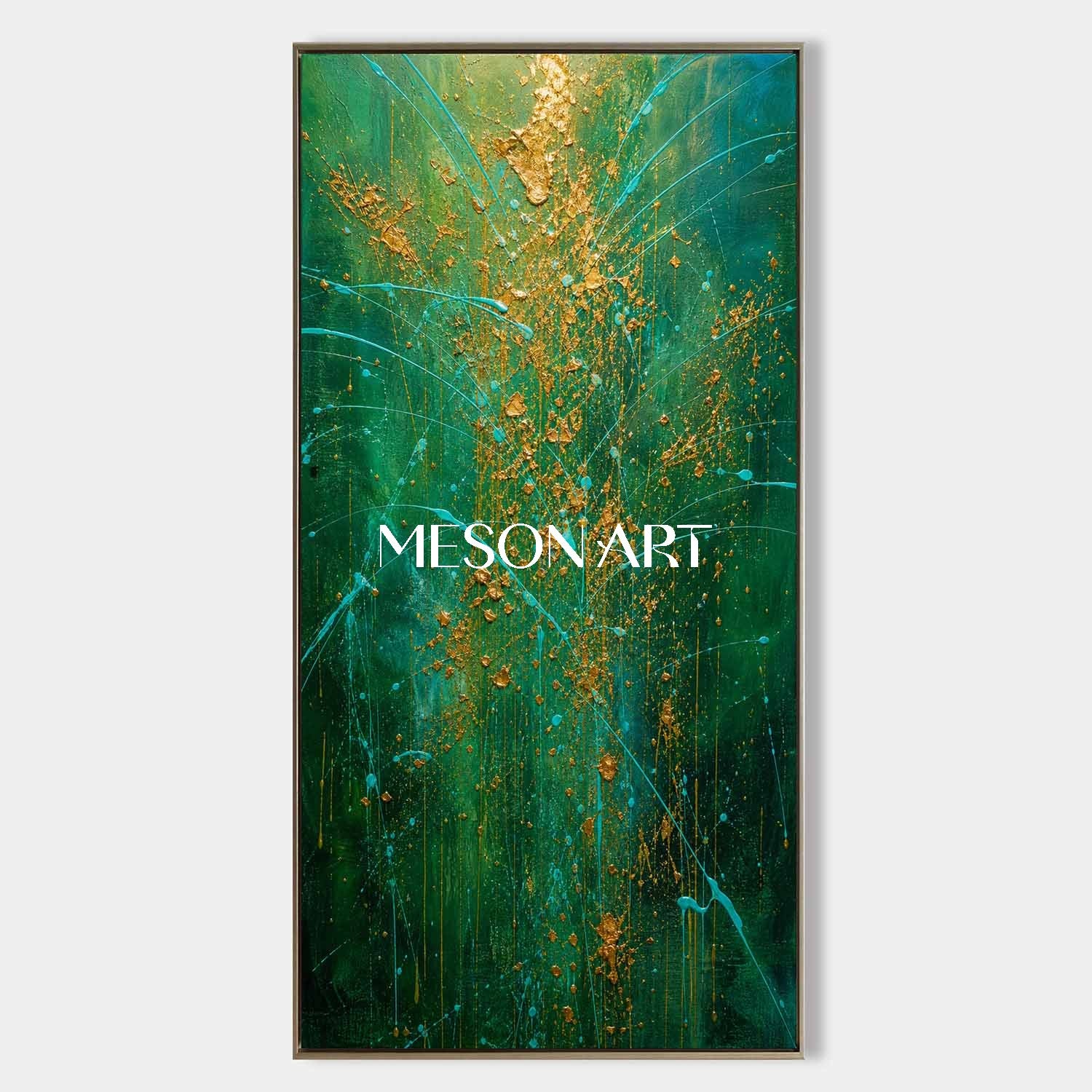 Emerald Green And Gold Pollock Abstract Style Painting For Modern Living Room Entryway Decor