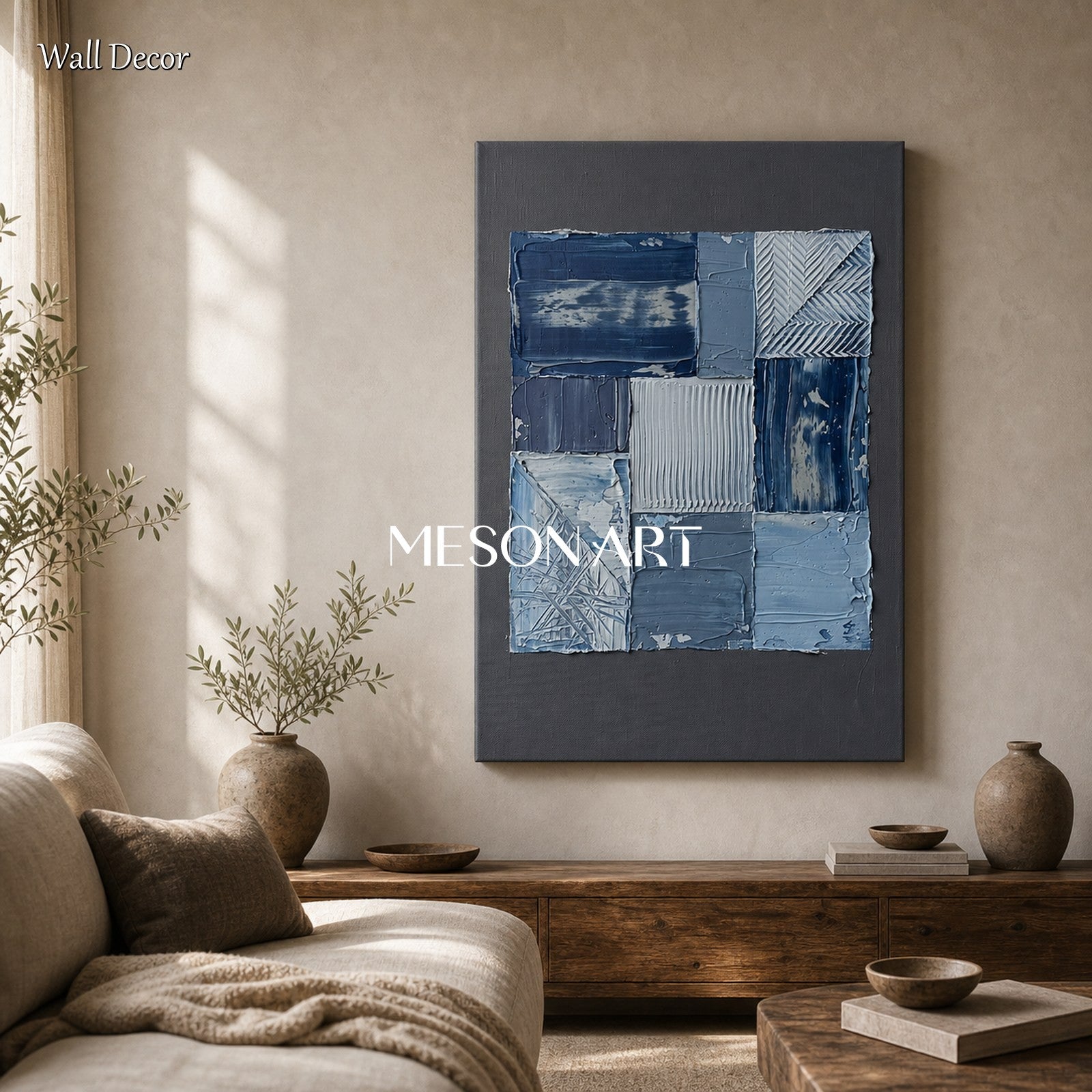 Blue Abstract Wall Art With Textured Relief For Modern Living Room Decor
