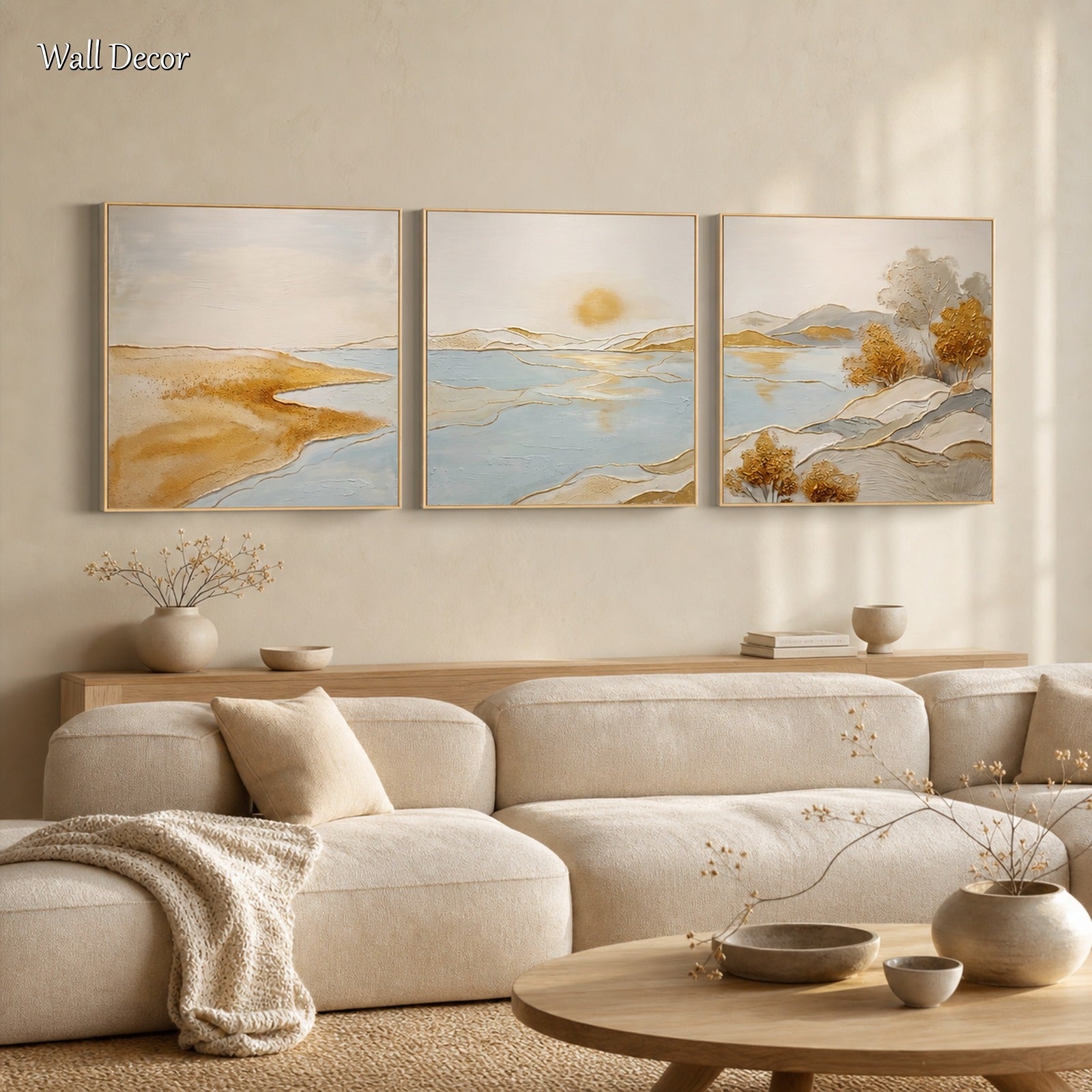 Trittico Art Déco raffigurante il paesaggio di Gold Lake, con pennellate delicate, per salotti moderni