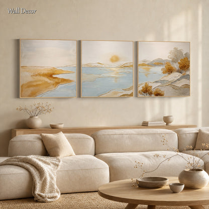 Trittico Art Déco raffigurante il paesaggio di Gold Lake, con pennellate delicate, per salotti moderni