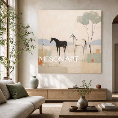 Minimalist Horse Painting In Beige Tones For Living Room And Office Decor