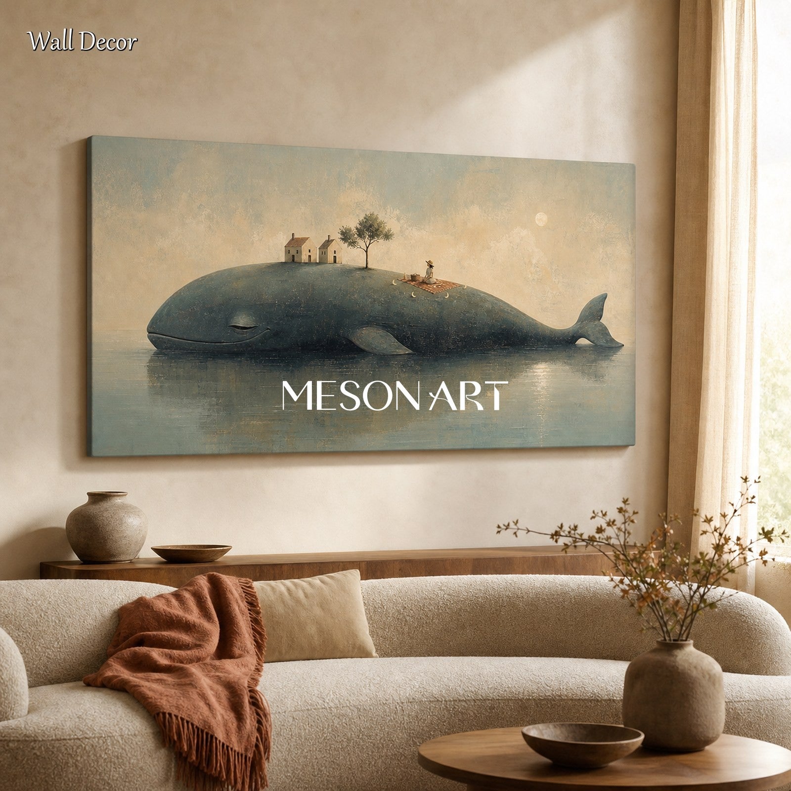 Surrealist Whale Island Painting For Modern Living Room And Bedroom Decor With Soft Moonlight Fantasy Theme