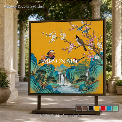Gold And Blue Gongbi Painting Square Wall Art For Living Room By Mesonart