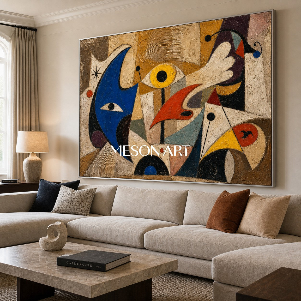 Abstract Surrealist Oil Painting On Linen With Blue And Beige Tones For Living Room Decor