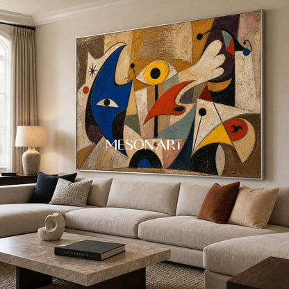 Pittura ad olio astratta surrealista su lino con toni blu e beige per l'arredamento del soggiorno
