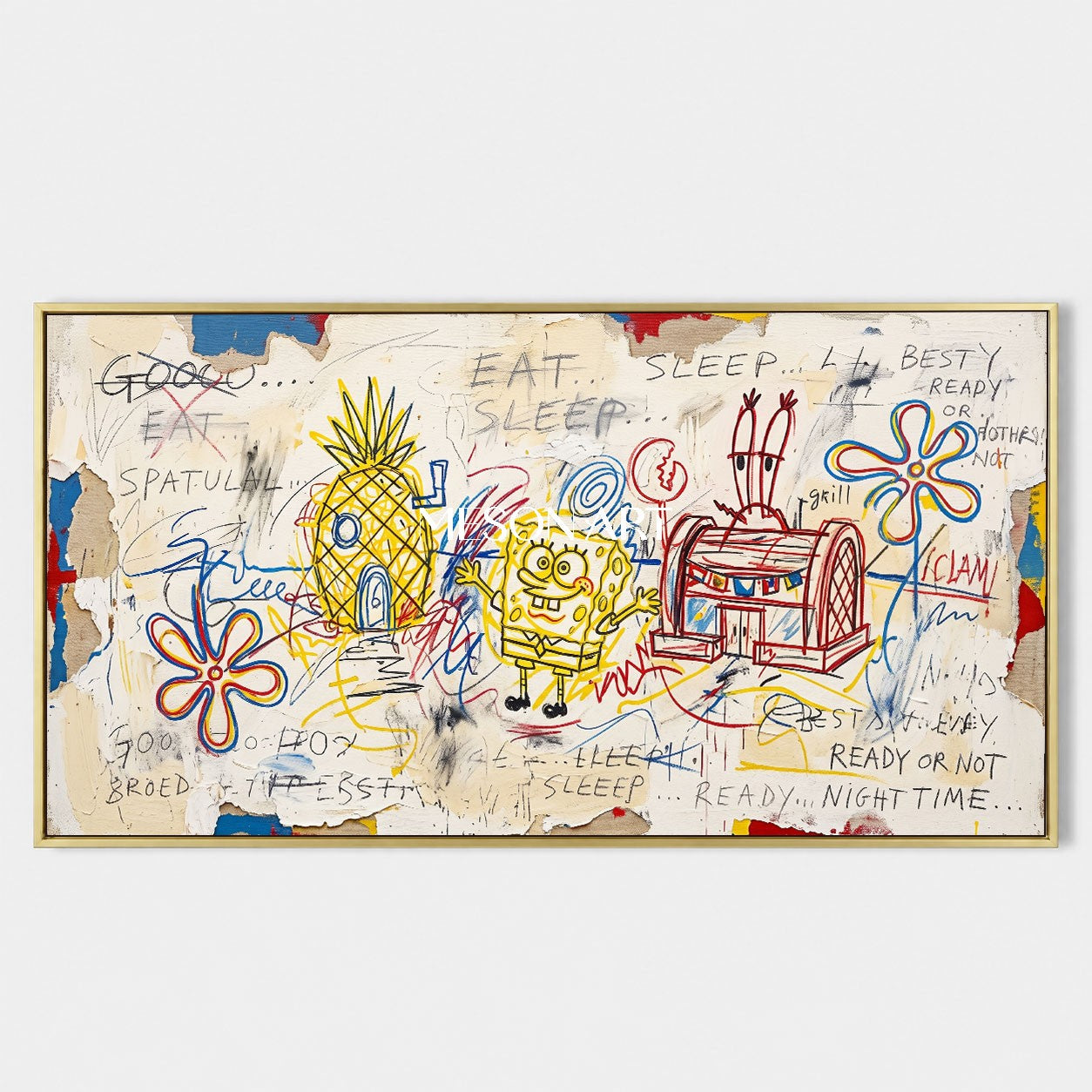 Yellow And Blue Pop Art Graffiti Painting Panoramic Wall Decor For Living Room By Mesonart