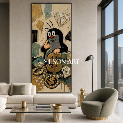 Cartoon Mole Graffiti Art With Gold Dollar Signs For Modern Living Room Decor