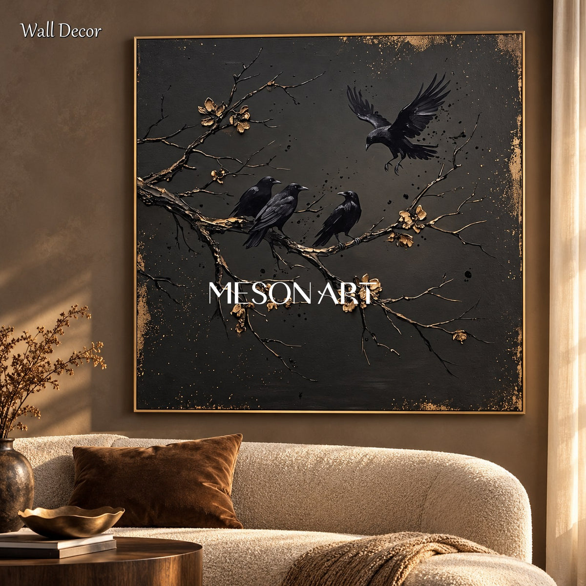 Black And Gold Painting Textured Crow Art Square Wall Decor For Living Room By Mesonart