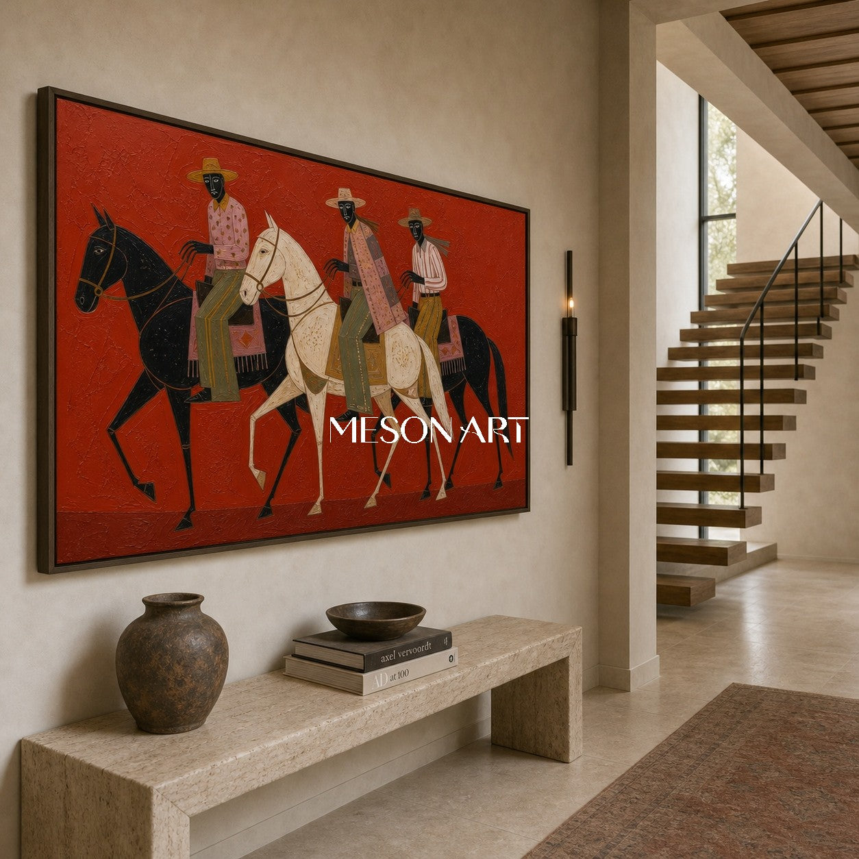 Abstract Geometric Horse Painting With Textured Red Background For Modern Living Room Decor