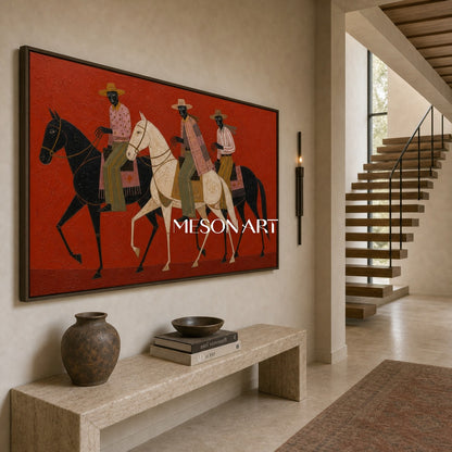 Abstract Geometric Horse Painting With Textured Red Background For Modern Living Room Decor