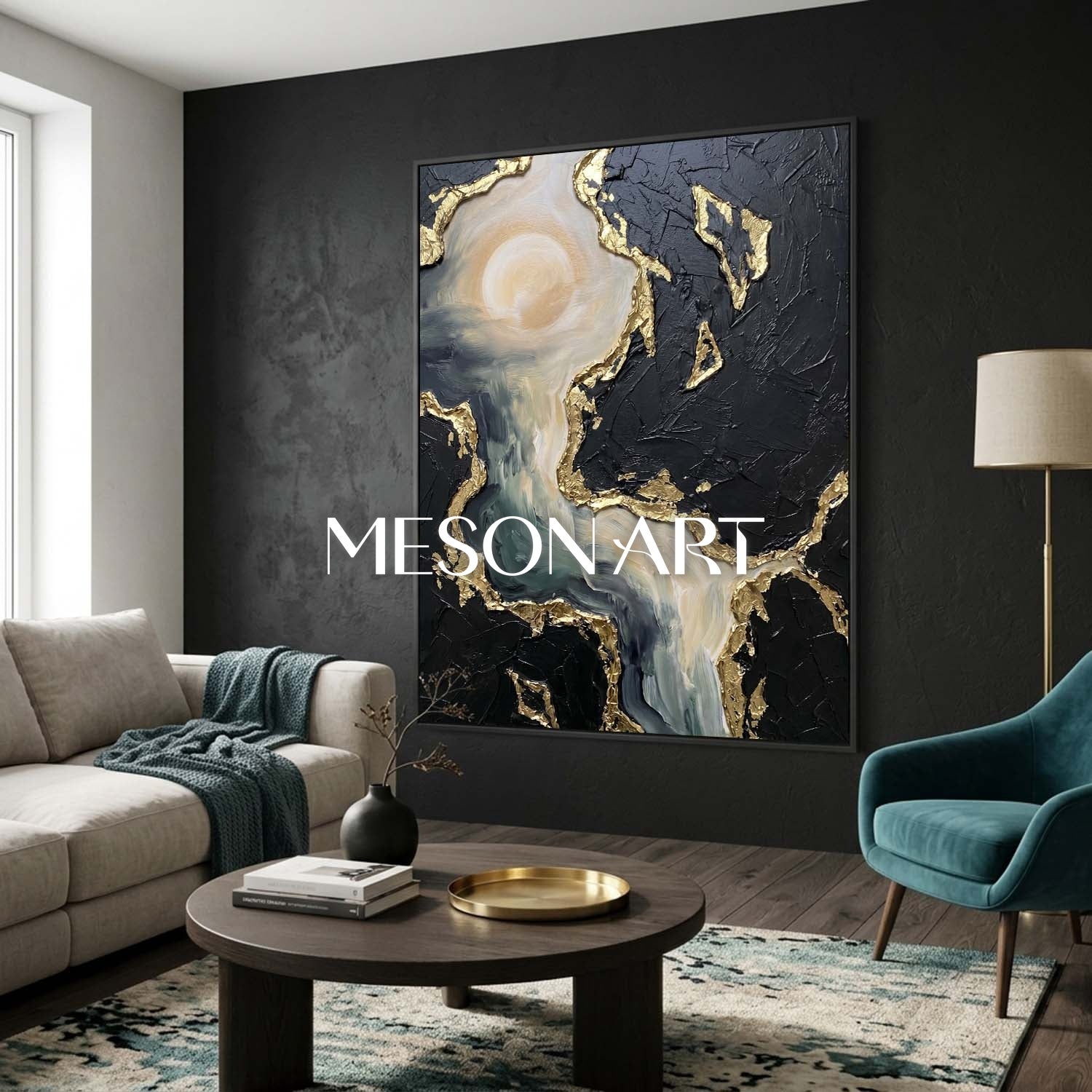 Abstract Plaster Texture Art With Gold Leaf For Modern Living Room Decor