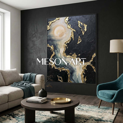 Abstract Plaster Texture Art With Gold Leaf For Modern Living Room Decor