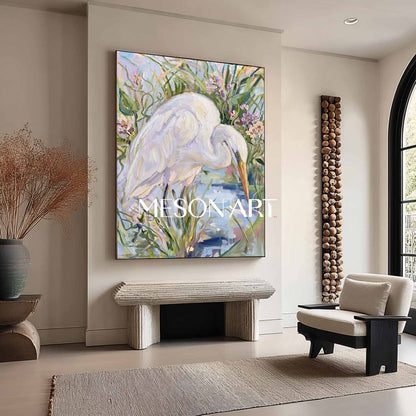 Elegant Egret Painting With Floral Landscape For Modern Living Room Decor