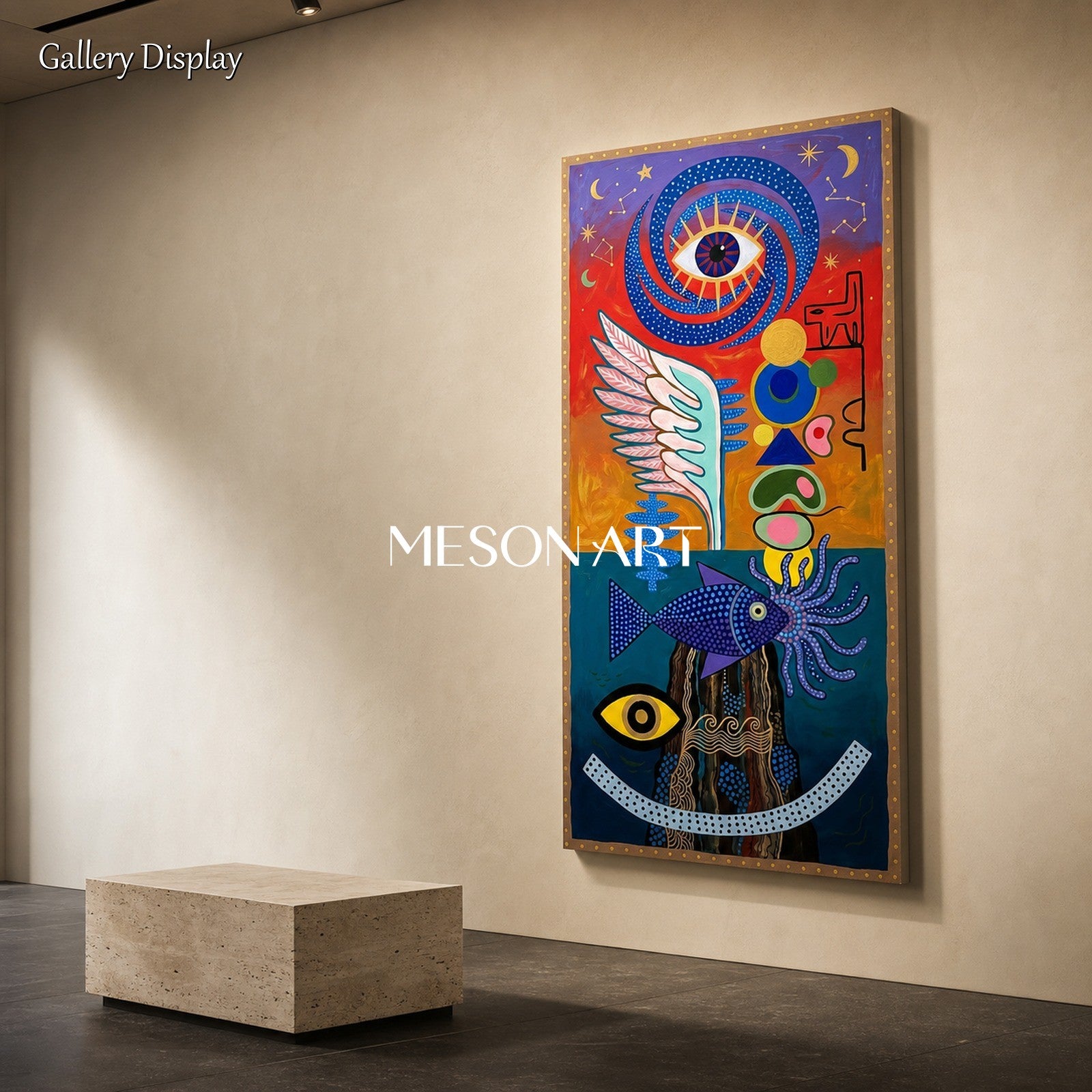 Surrealist Abstract Painting With Cosmic Symbols For Modern Living Room Decor