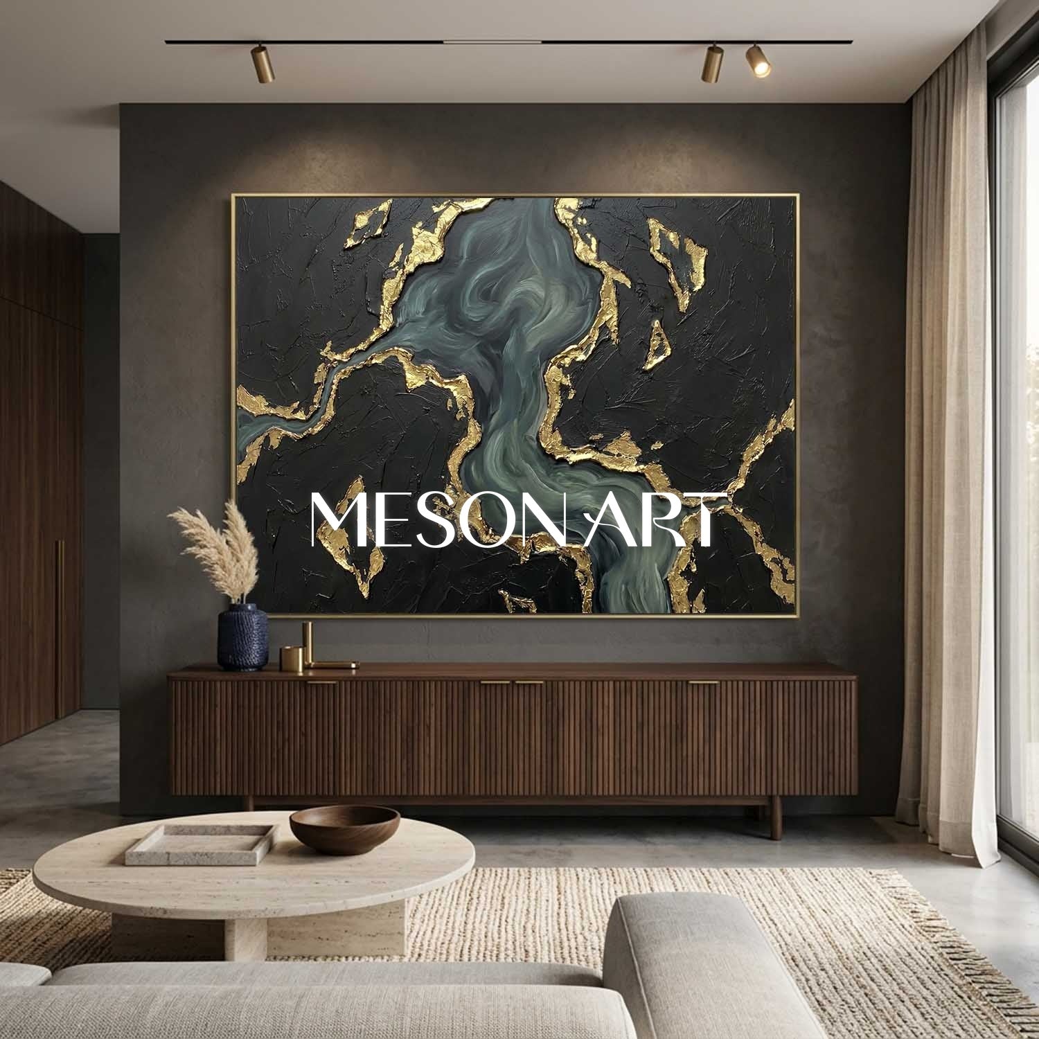 Gilded Midnight Ocean Plaster Art With Gold Veins For Living Room And Executive Office Decor