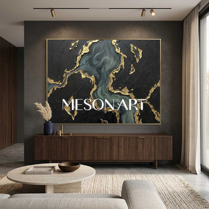 Gilded Midnight Ocean Plaster Art With Gold Veins For Living Room And Executive Office Decor