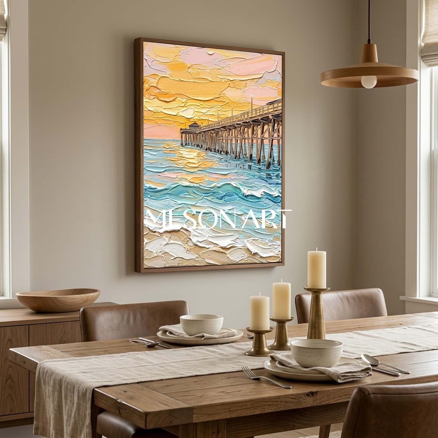 Luxury Coastal Pier Sunset Painting With Thick Impasto Waves For Living Room And Bedroom Decor
