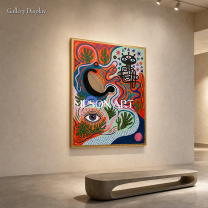 Surrealist Art Print With Mystical Eyes And Desert Cactus For Modern Living Room Decor