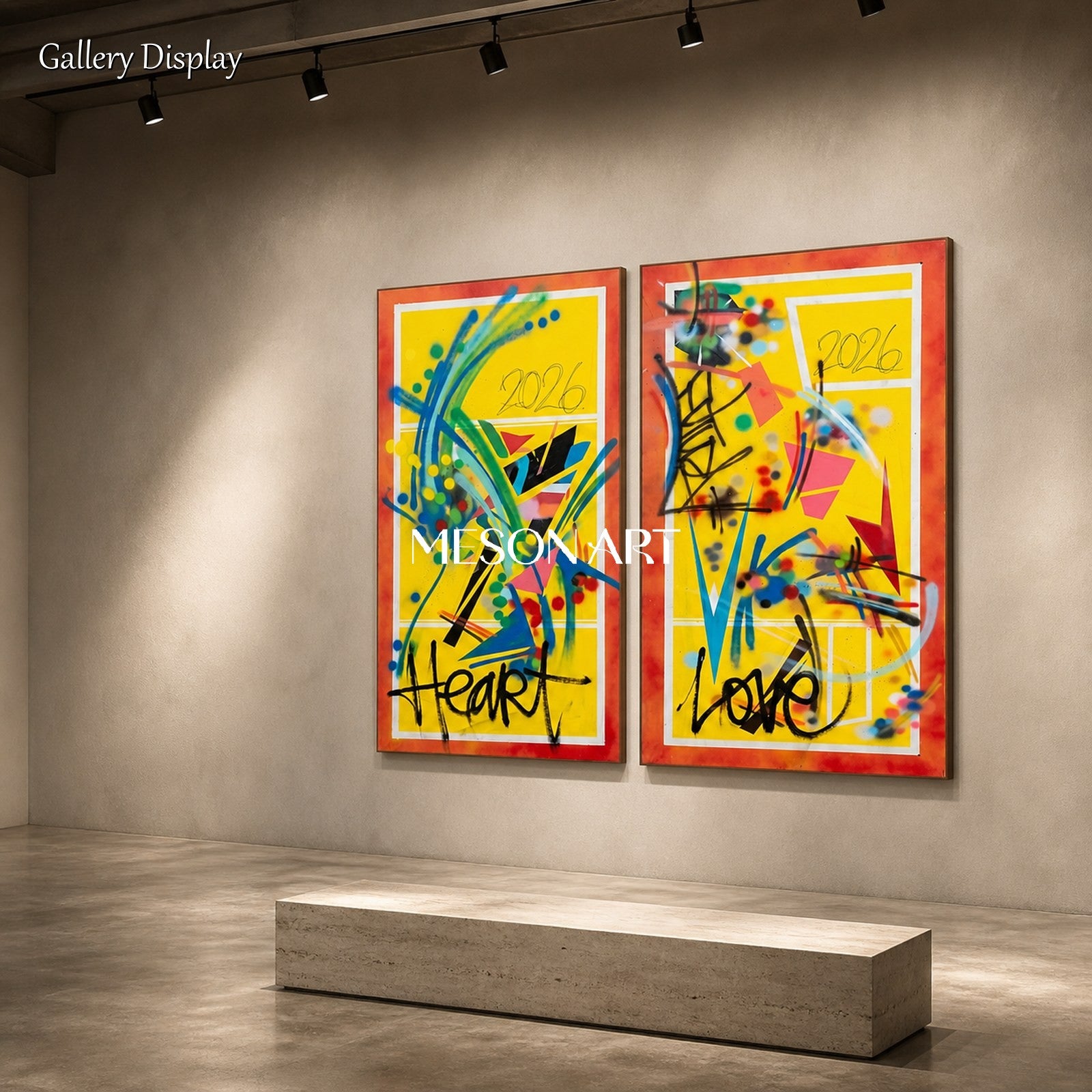 絵画　繋がり バンクスィー風の黄色と黒のグラフィティ絵画 リビングルーム用長方形