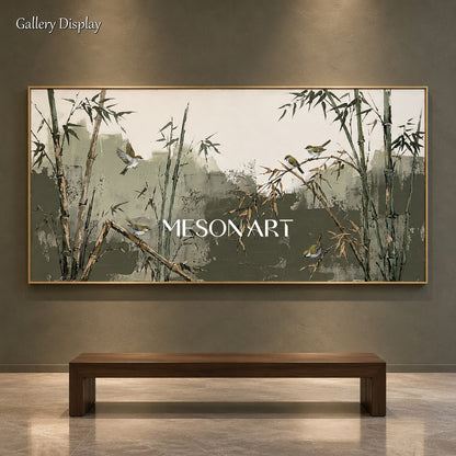 Green And Beige Bamboo And Warbler Art Panoramic Wall Decor For Living Room By Mesonart