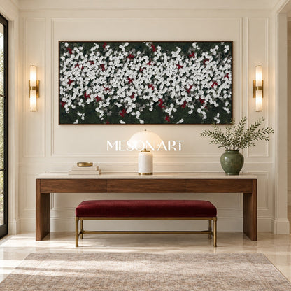 Green And White Abstract Art Wabi-Sabi Impasto Palette Knife Panoramic Wall Decor For Living Room By Mesonart