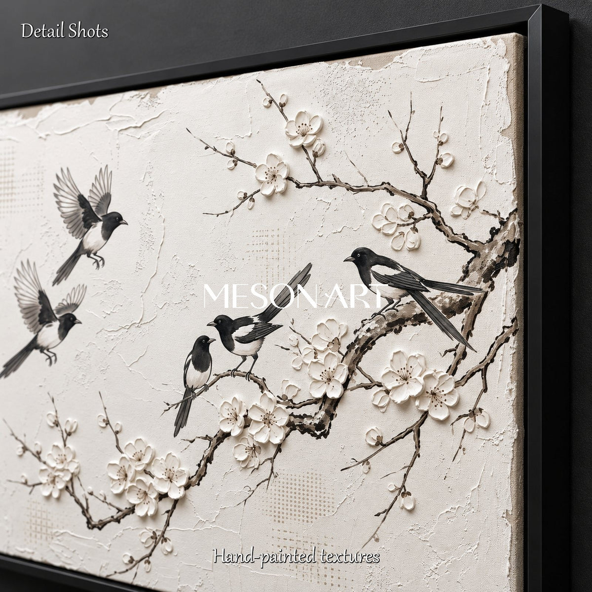 White And Black Magpie Plum Blossom Painting Rectangular Wall Art Original Artist Hand Painted By Mesonart