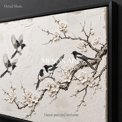 White And Black Magpie Plum Blossom Painting Rectangular Wall Art Original Artist Hand Painted By Mesonart