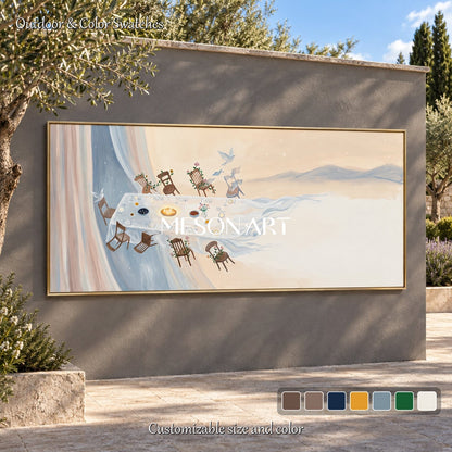 لوحة جدارية بانورامية كبيرة بطول الطاولة، بألوان البيج والأزرق، من الفن السريالي، عمل فني أصلي للفنان Mesonart