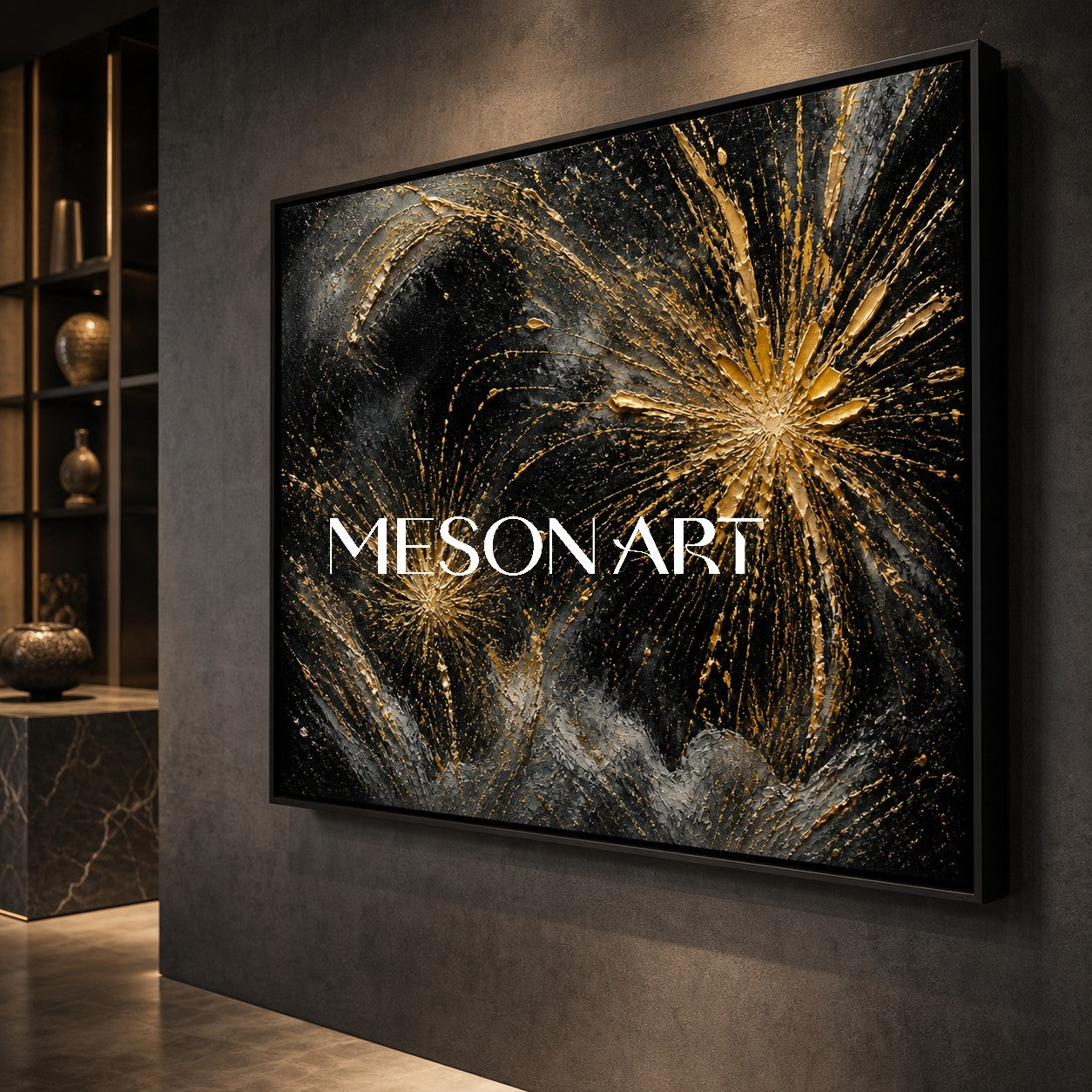 Luxury Black And Gold Abstract Art With Textured Relief For Modern Living Room Decor