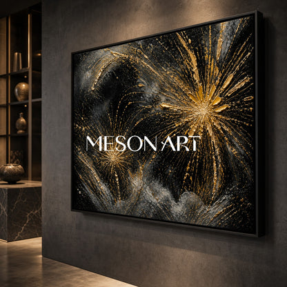 Luxury Black And Gold Abstract Art With Textured Relief For Modern Living Room Decor