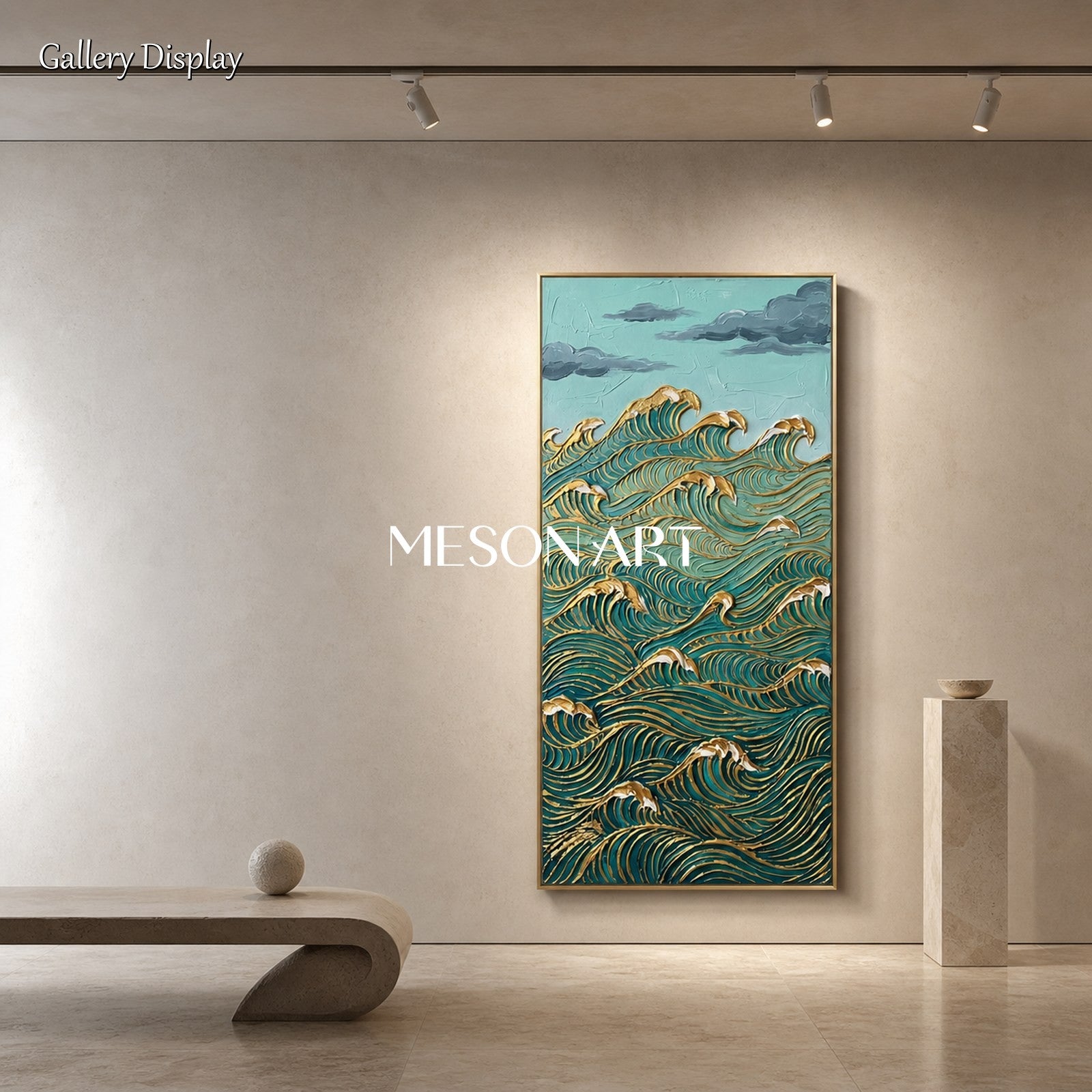 Large Gold Wave Painting With Teal Textured Relief For Art Deco Entryway And Living Room Decor