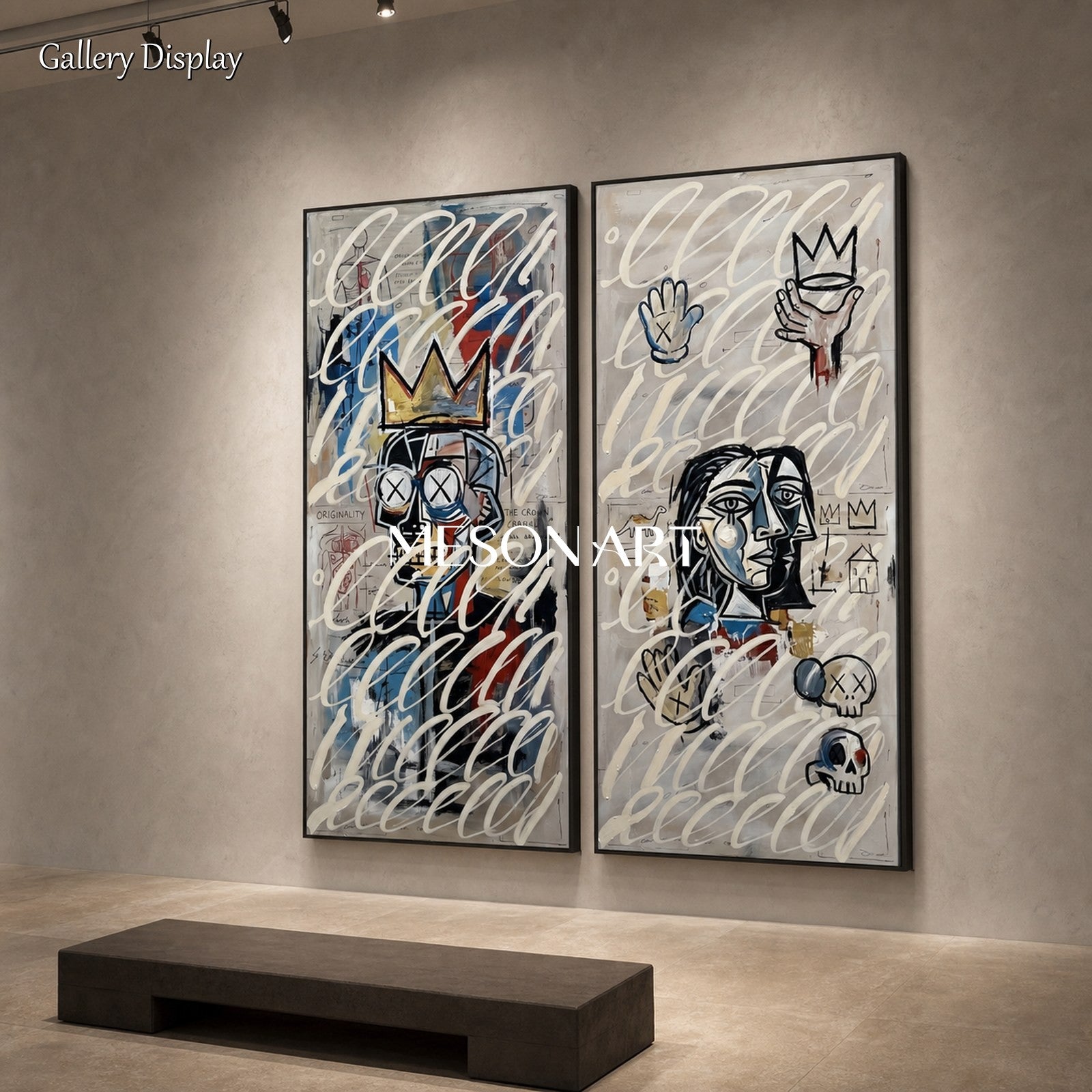 Modern Graffiti Inspired Diptych Art With Crown Motifs For Contemporary Living Room Wall Decor