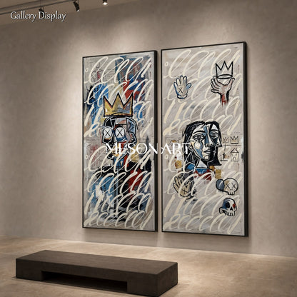 Modern Graffiti Inspired Diptych Art With Crown Motifs For Contemporary Living Room Wall Decor