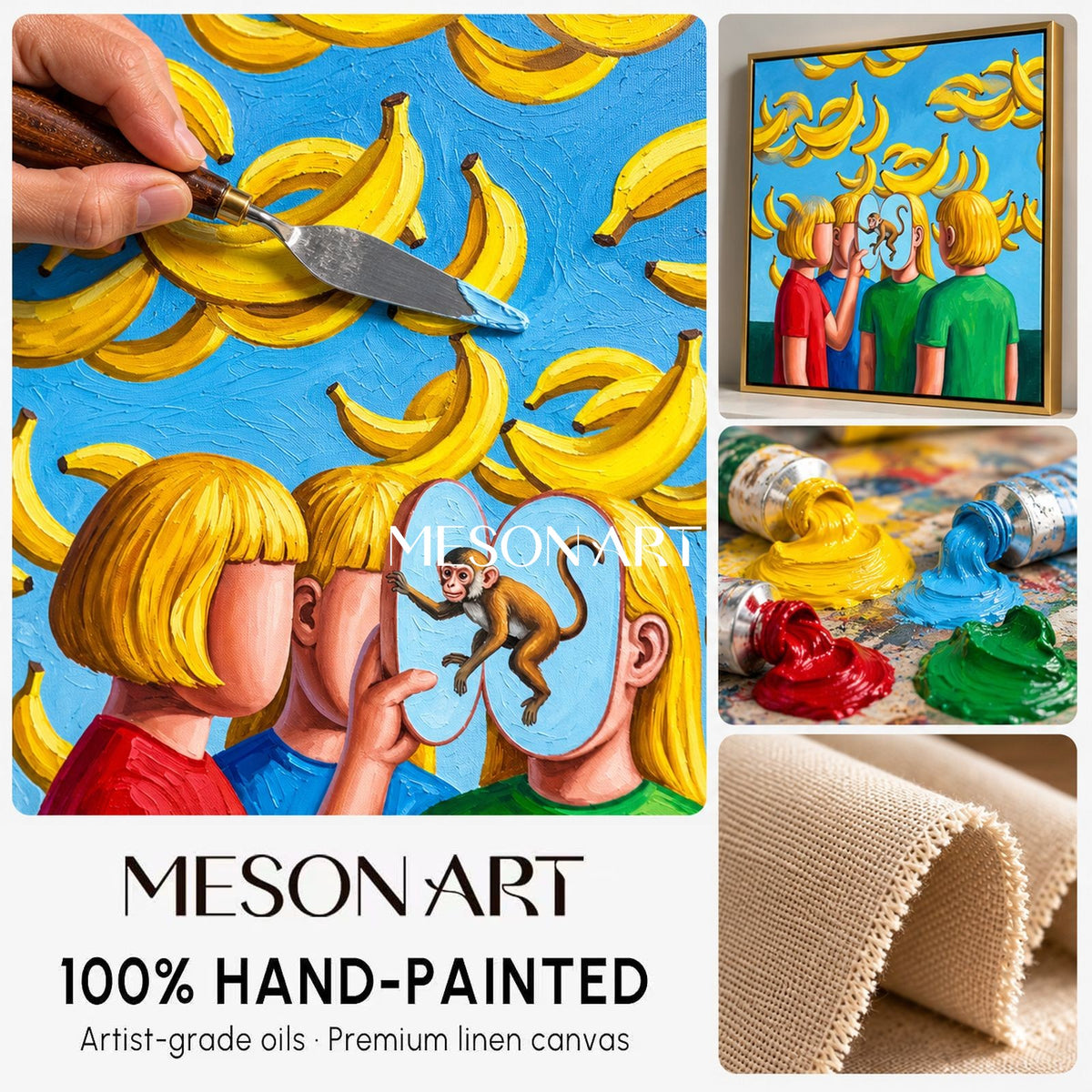 Yellow And Blue Surrealist Painting Banana Theme Square Wall Art Original Artist Hand Painted By Mesonart