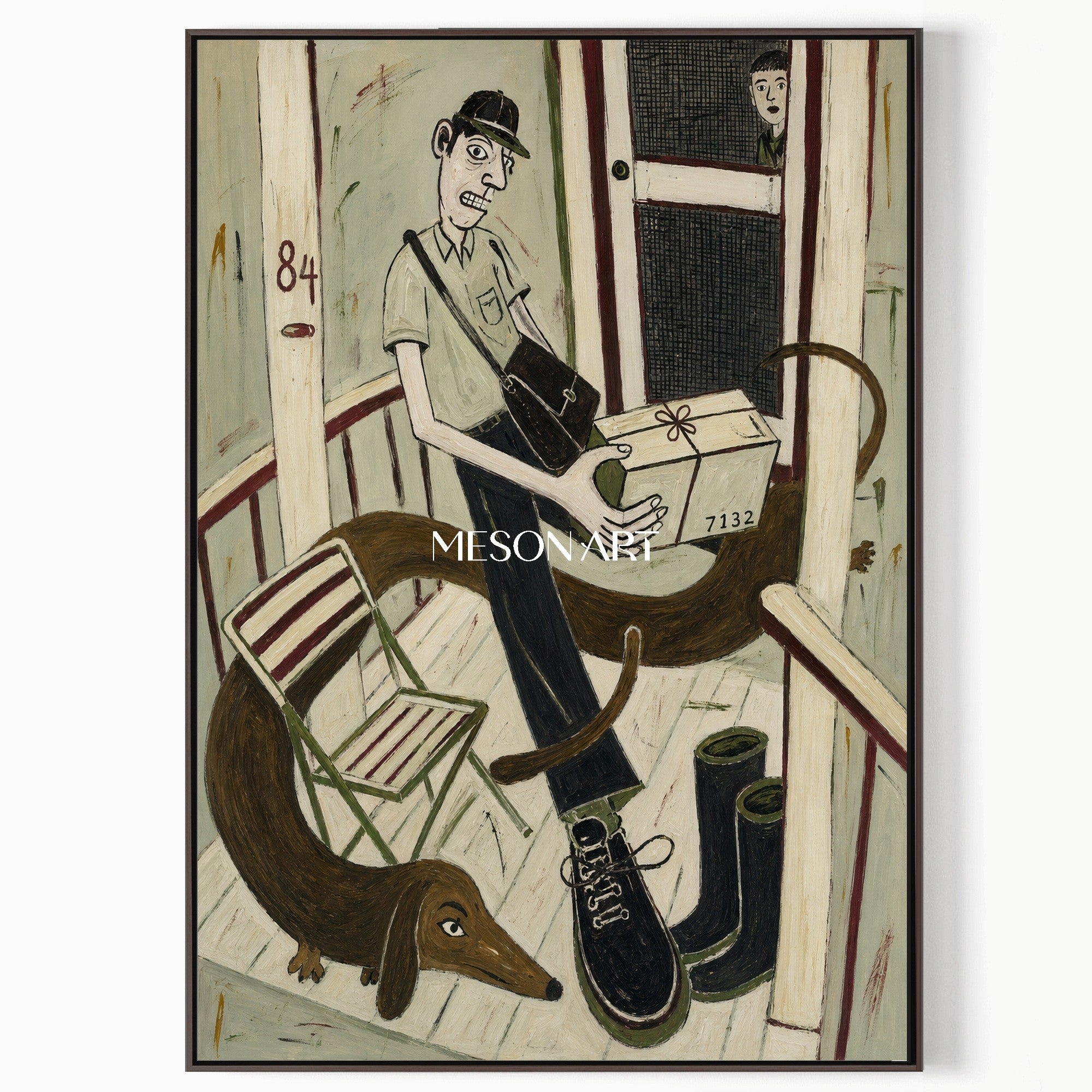 Muted Green Brown Surrealist Figurative Primitive Art Rectangular Wall Decor For Living Room By Mesonart