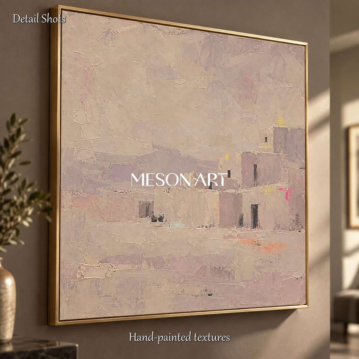 Neutral Beige Abstract Landscape Square Wall Art Palette Knife Painting By Mesonart