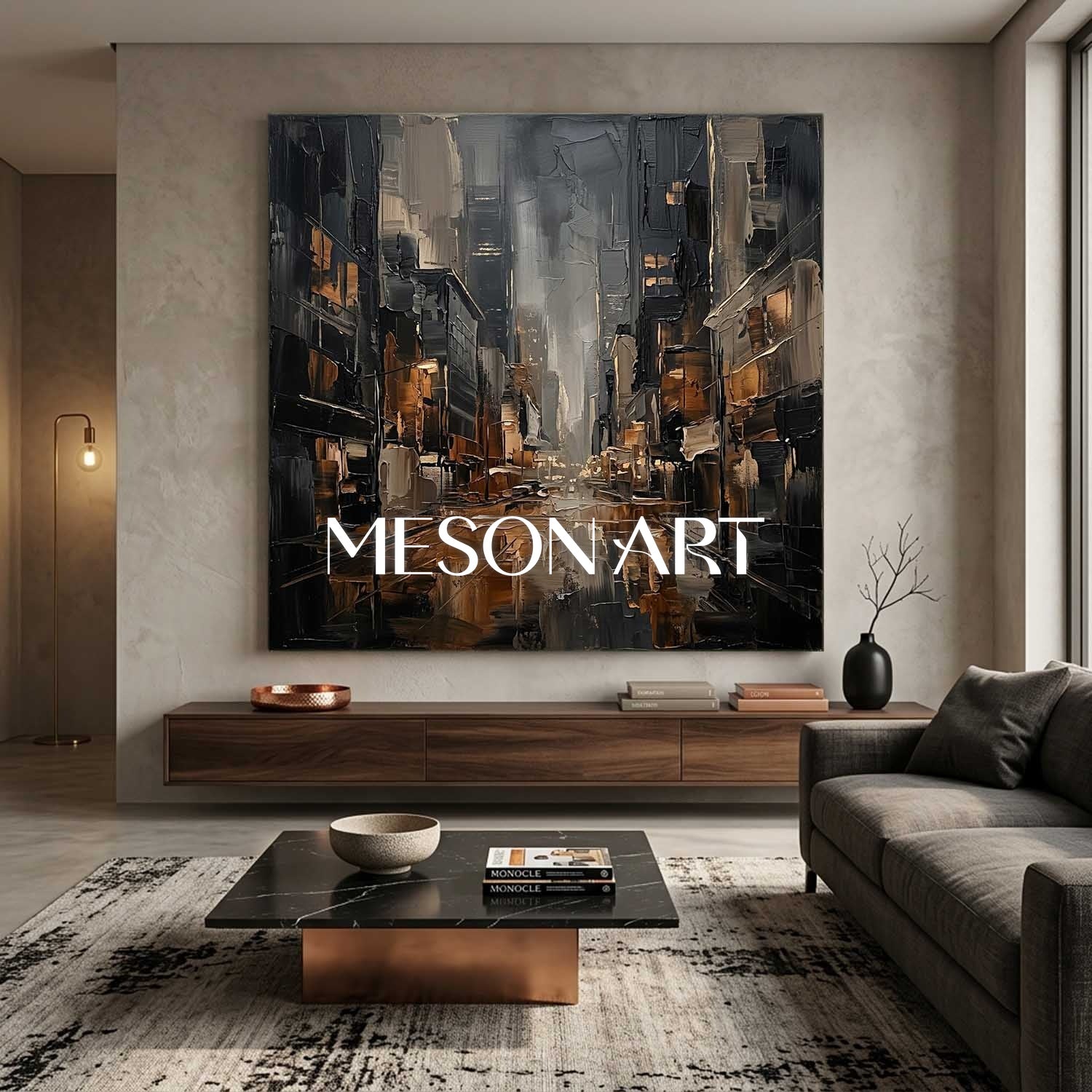 Bronze And Grey Abstract City Painting With Textured Plaster Finish For Executive Office Decor