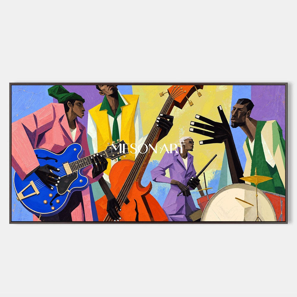 Blue And Yellow Pop Art Jazz Painting Panoramic Wall Art For Living Room Original Artist By Mesonart