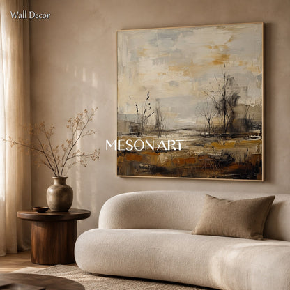 Beige And Brown Neutral Landscape Art Square Wall Painting Original Artist Hand Painted For Living Room By Mesonart