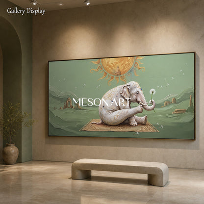 Green And Gold Surrealist Art Yoga Elephant Original Artist Panoramic Wall Decor For Living Room By Mesonart