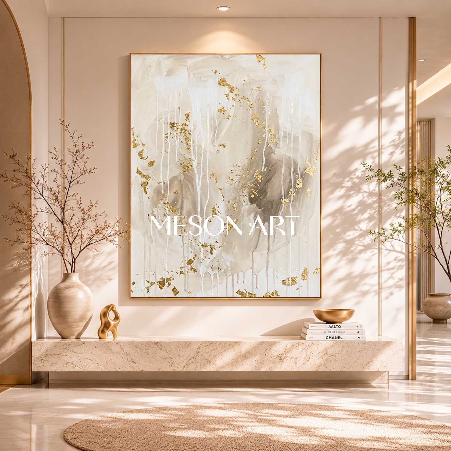 Luxury Gold Leaf Abstract Painting With Beige Tones For Modern Home Decor