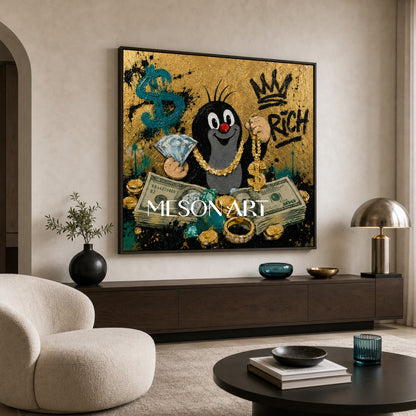 Luxury Pop Art Painting With Gold Texture And Cartoon Mole For Modern Living Room Decor