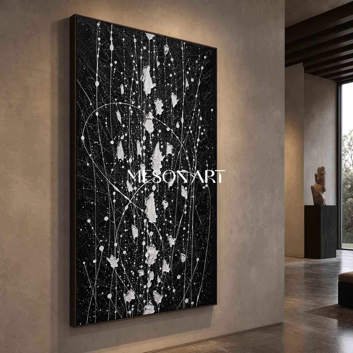 Large Black And White Abstract Pollock Art For Modern Living Room Decor