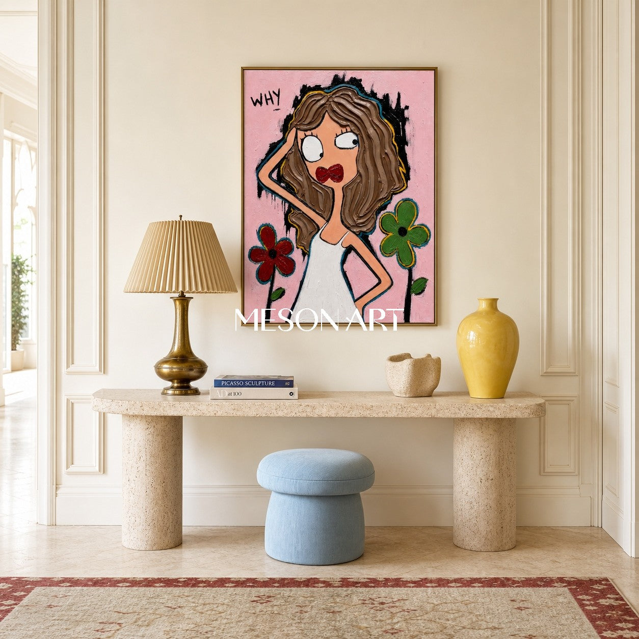 Vivace quadro in stile Pop Art con fiori in rilievo, ideale per l'arredamento di un salotto moderno