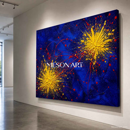 Original Yellow Blue Abstract Pollock Style Art With Dynamic Splatter Technique For Living Room