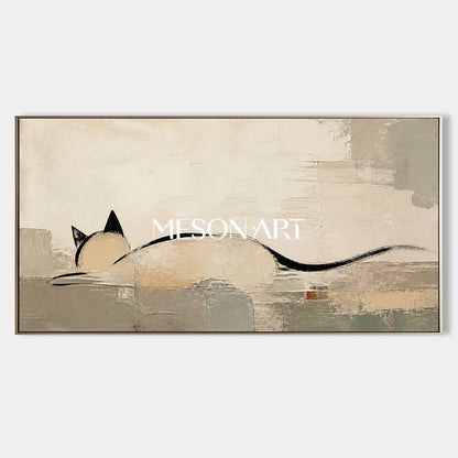 Minimalist Cat Wall Art Large Abstract Painting Beige Black Tones For Modern Living Room Decor