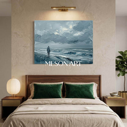 Minimalist Abstract Seascape Painting With Solitary Figure For Modern Living Room Decor